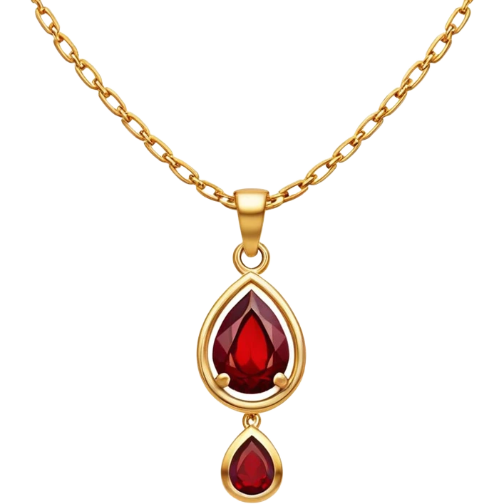 delicate gold chain with a glowing red garnet pendant, symbolizing transformation and rebirth emoji