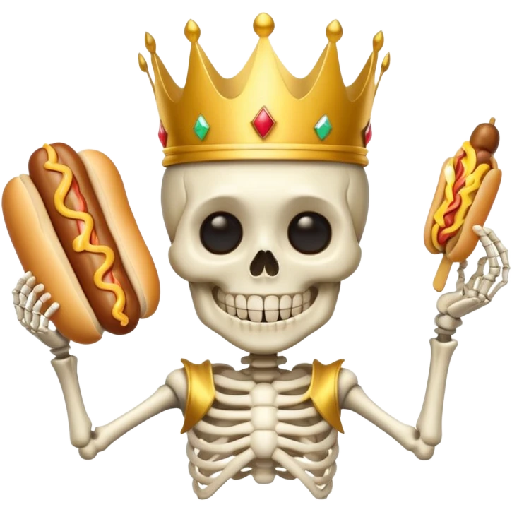 A cute skeleton wearing crown and holding hot dog





















 emoji