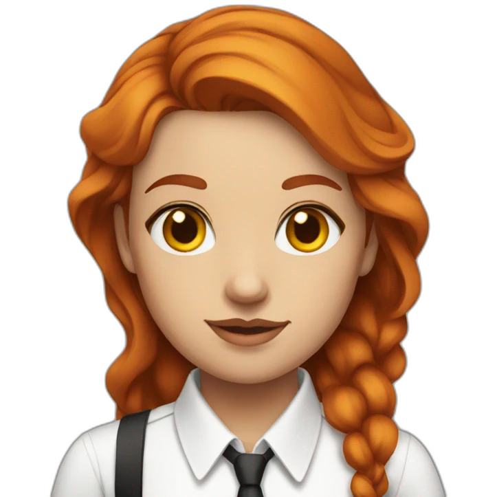 Woman with red hair and yellow eyes wearing a white button up shirt and black tie emoji