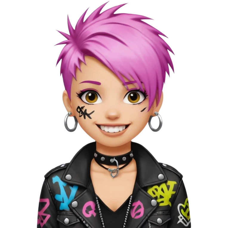 a punk girl with neck-length dyed hair and wear a punk graffiti jacket with black choker grin playfully  emoji