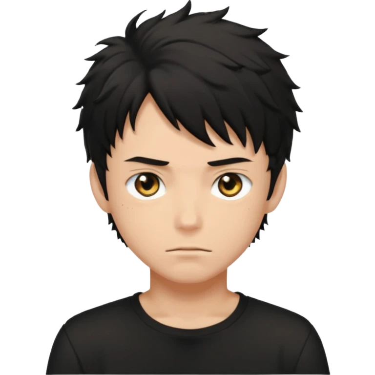 White male, black messy anime hair in his eyes, black shirt, black hunter eyes, hot  emoji
