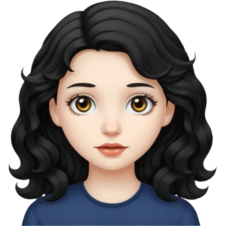 Crea una ragazza con stile black metal, capelli neri mossi dalle spalle e occhi bianchi emoji