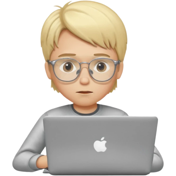 Blonde boy using laptop wearing clear glasses emoji