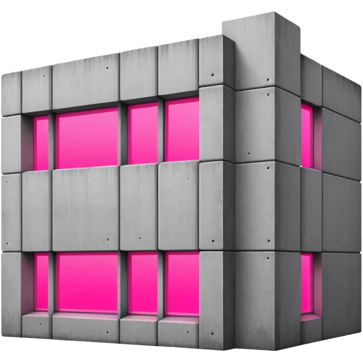 Brutalist gray concrete block building with one neon pink window emoji