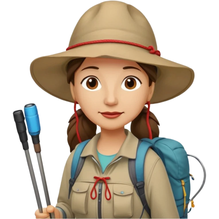 Middle aged women, long brown ponytail with wide brim hiking hat. With backpack and trekking poles. Backpack has a scallop shell with the cross of saint james hanging from it.  Remove the cross and add a scallop shell on a red string hanging from the backpack  emoji