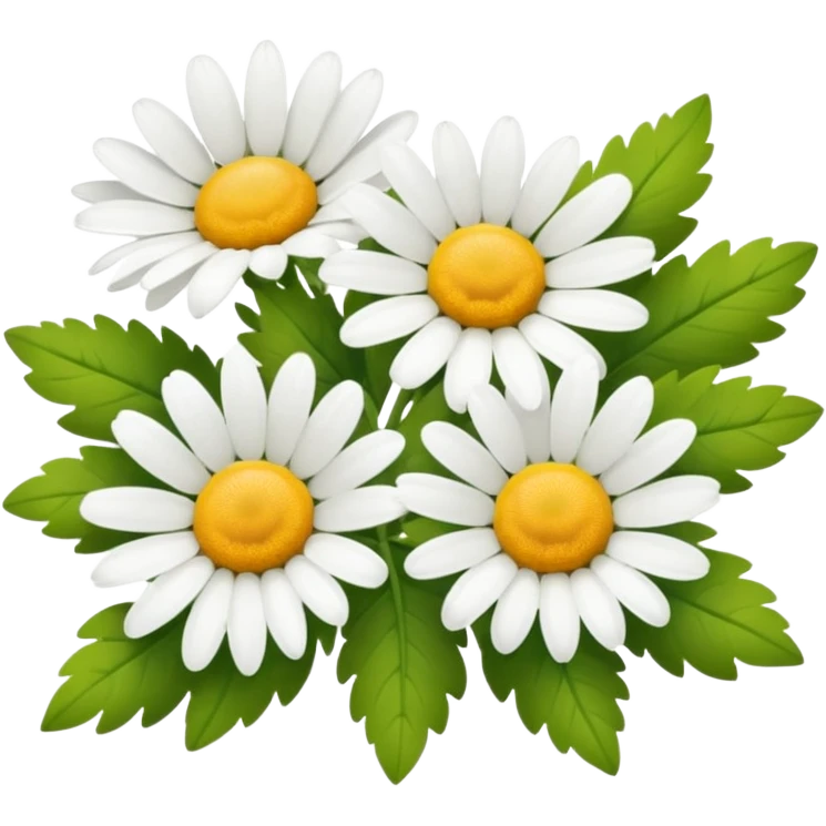 three chamomile flowers with white petals and yellow centers, green leaves, bright and cheerful, minimal background emoji