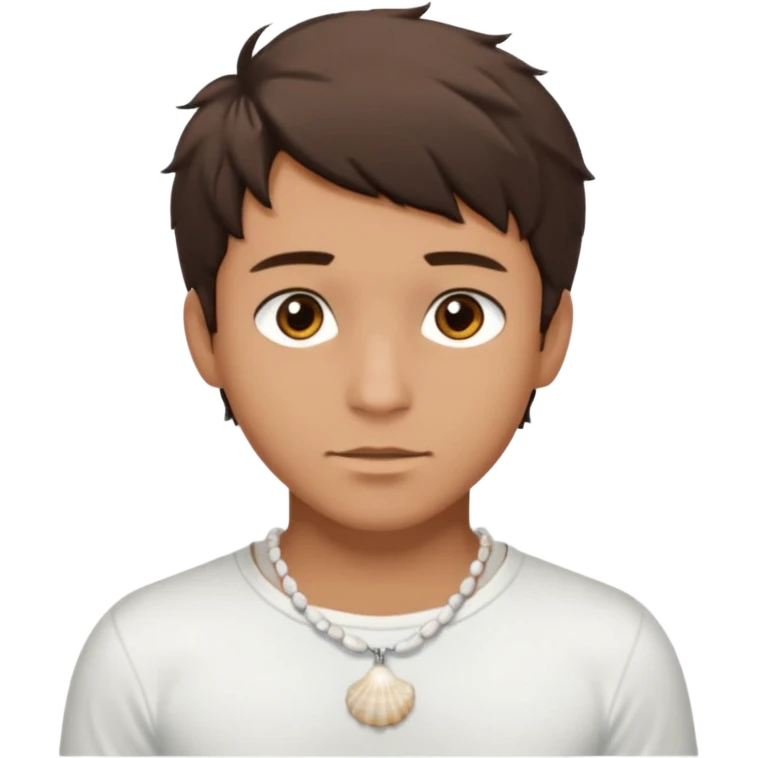create an emoji of a young man. he has a nice surfer look, with short messy dark brown hair, brown eyes, tanned skin, natural lips. he wears a white tight sea shell necklace with an open short sleeve white shirt emoji