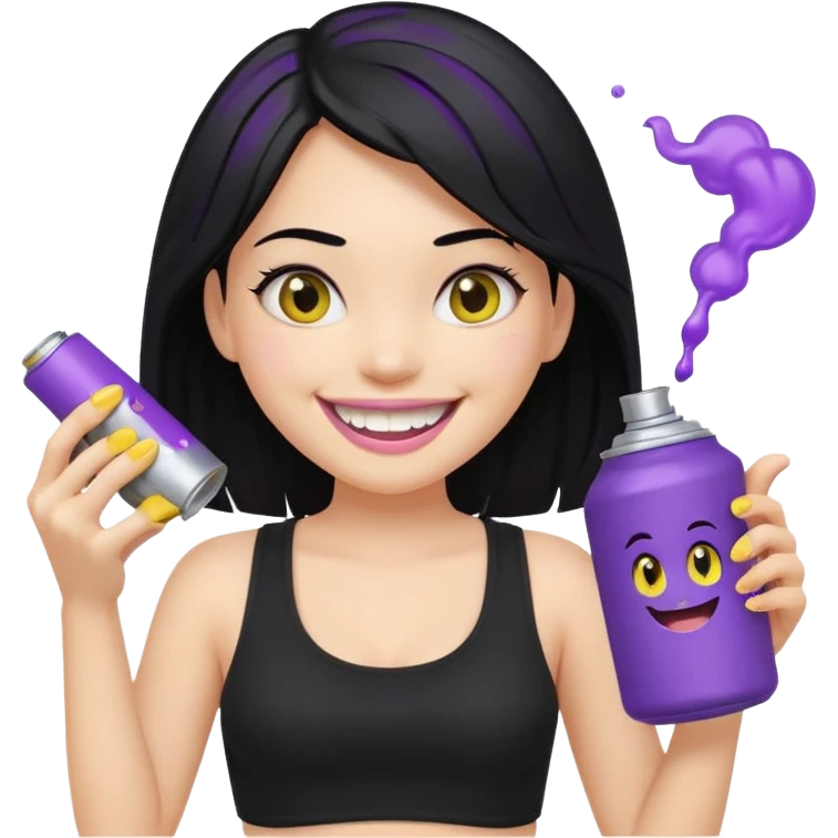 fair-skinned girl with beautiful black hair, wearing black crop top, big smile with yellow teeth, holding purple and silver spray can, genmoji emoji style, reference attached can emoji