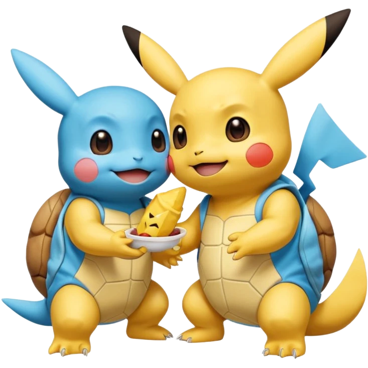  Pikachu has a light to share, but Squirtle has none. Pikachu sees this is unfair, so he shares the light with Squirtle. They smile and eat together. Show this as a cute Pokémon emoji scene about justice and fairness.

 emoji