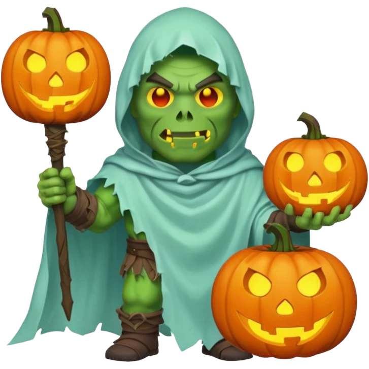 male orc warrior ghost emoji, green skin, wearing torn white ghost sheet costume, holding glowing jack-o'-lantern, faint blue aura, friendly but spooky expression, Halloween fantasy theme, Apple emoji style, clean white background, square emoji