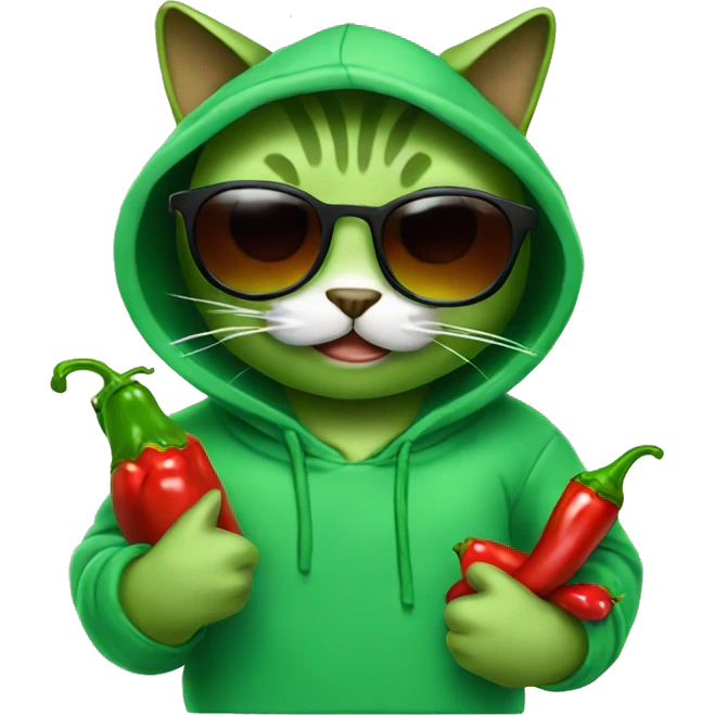 Green cat with sunglasses and wearing hoodie and eat chilli emoji