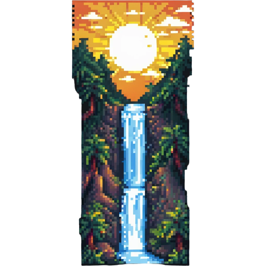 sunrise with a tall waterfall and mist, pixel art style emoji