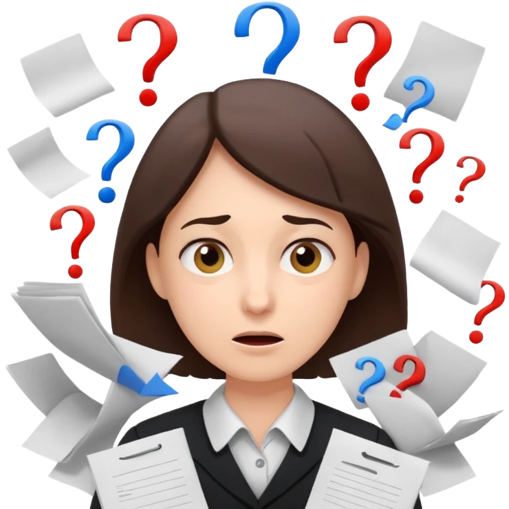 A teacher with an overwhelmed expression, surrounded by flying papers and question marks. emoji