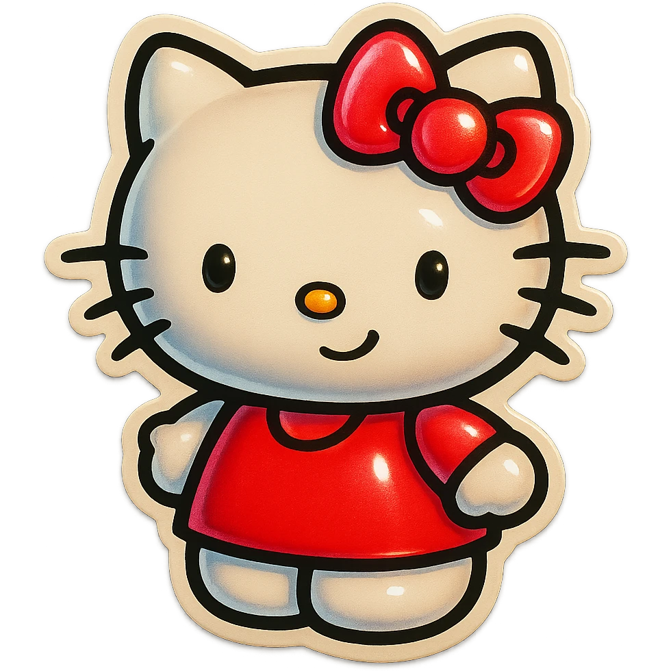 hello kitty sticker style, white head, pink bow, smiling expression, red dress emoji