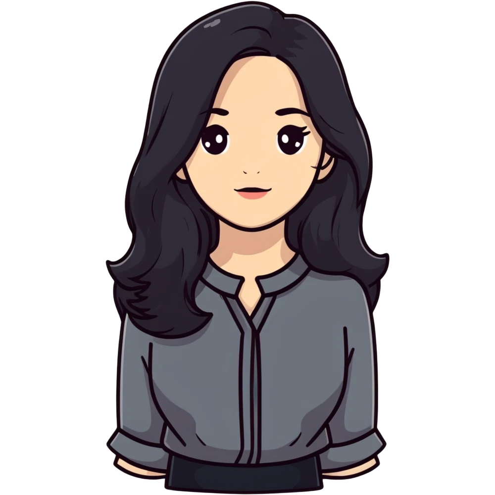 white woman with rounded brown eyes, long black hair, black blouse emoji
