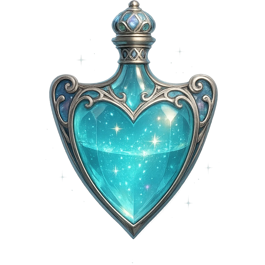 luxurious crystal elixir bottle in shield shape, elegant color palette, ornate silver and iridescent details, magical glowing and sparkling effects, very small neck, seamless bottom, transparent background, bottle clearly floating in air, no base or shadow, modern, collection style emoji