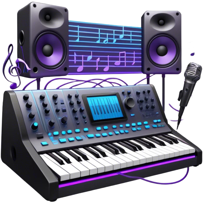 Create a professional and artistic emoji that represents sound design. The design should feature essential sound design equipment, including a high-end Korg synthesizer, a sound mixing console with visible wires, large studio speakers, and a microphone. Surround the equipment with flowing, abstract sound waves and musical notes to symbolize the fluid, creative nature of sound design. Add subtle effects like glowing sound frequencies or swirling patterns to represent the dynamic manipulation of sound. Use sleek, modern colors like black, silver, neon blue, and purple to evoke a sense of innovation and artistic exploration. The background should be transparent. emoji