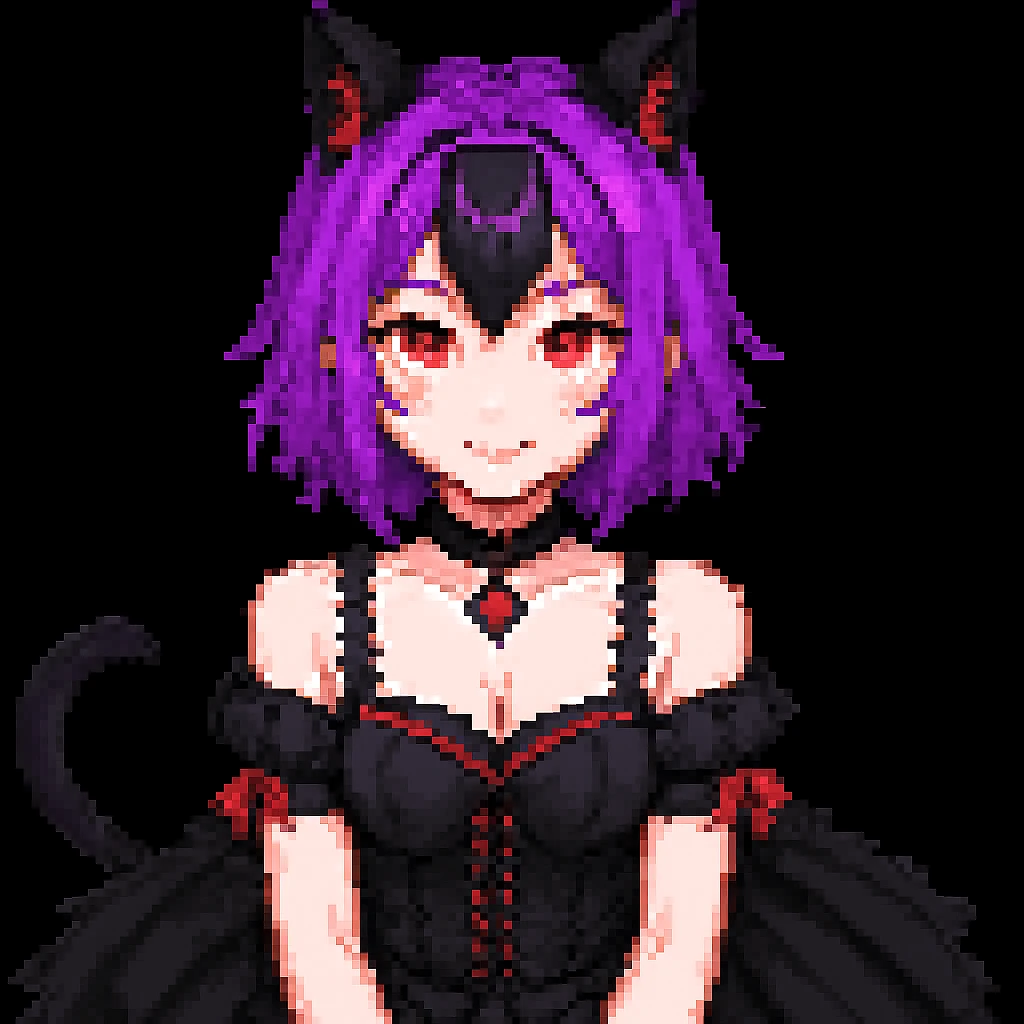 Change hair color to purple, keep all other gothic neko girl features the same, in pixel art style. Maintain pixel art aesthetic and details. emoji