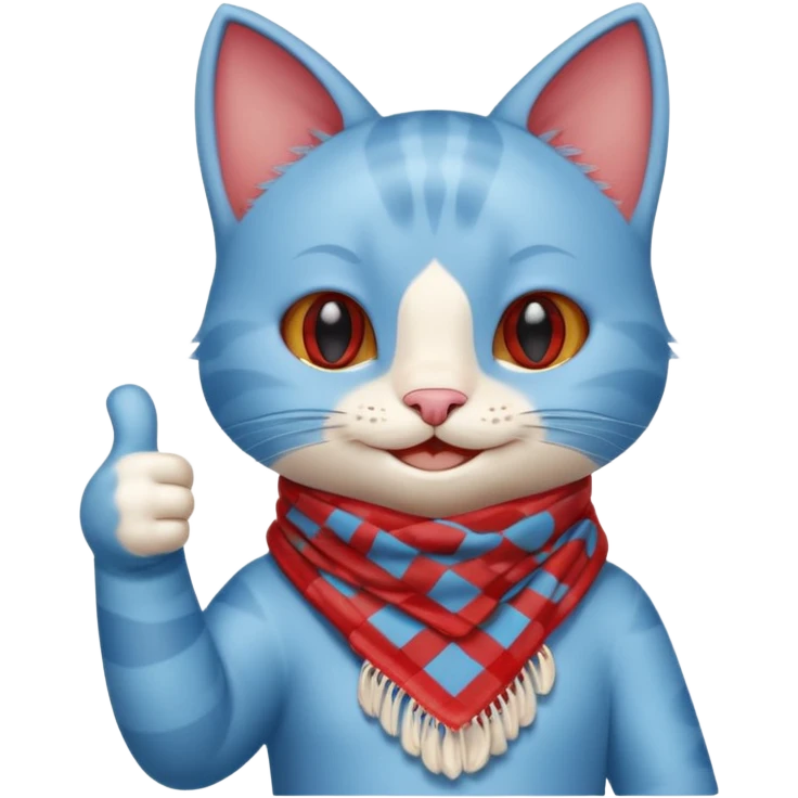 A Baby Blue Cat smiling and giving thumbs up, wearing red Checkered Triangle scarf emoji