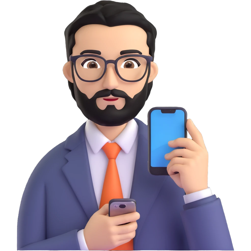 same professional man with medium black beard, neat black hair, connected unibrow, olive tan skin, brown eyes, glasses, prominent nose, in business casual attire, looking at mobile phone screen emoji