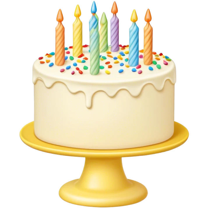 Vanilla buttercream cake on a light yellow cake stand, with rainbow sprinkles  emoji