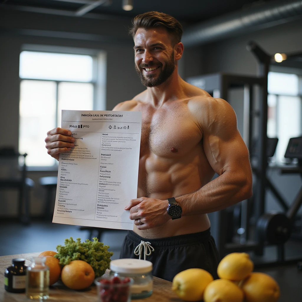 hyper realistic muscular bodybuilder in gym with satisfied expression holding a detailed PCT list, supplements, fruit and water beside him, positive atmosphere, Italian caption: 'PCT strutturata: salute e performance', isolated on white background emoji