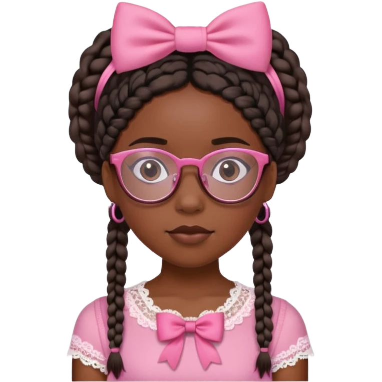 A black girl with short braids wearing a pink top with lace, with a pink bow in her hair and with glasses emoji