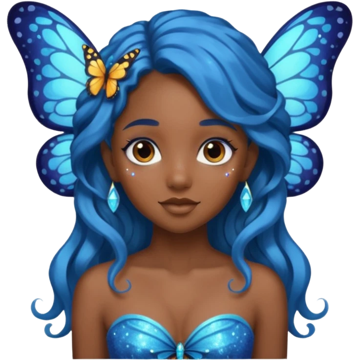 Black girl fairy with long wavy blue hair butterfly wings sparkly emoji