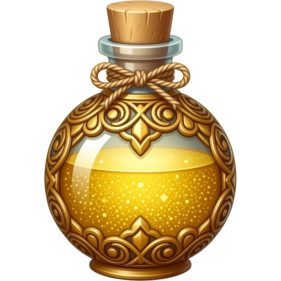 ornate golden potion bottle with intricate filigree, filled with shimmering luminous gold liquid, decorative cap tied with twine, glittering gold background, magical luxury aesthetic emoji