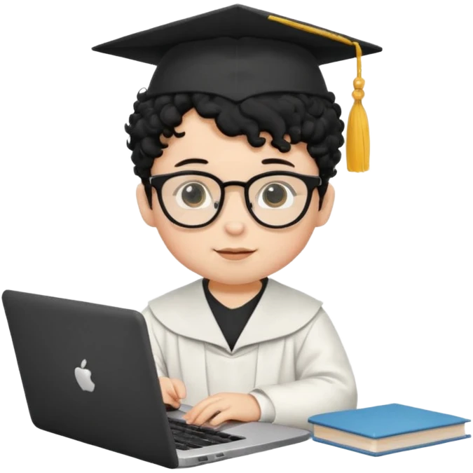 A baby boy DEVELOPER WITH A laptop, black curly hair and topknot, wearing glasses and a mortarboard emoji