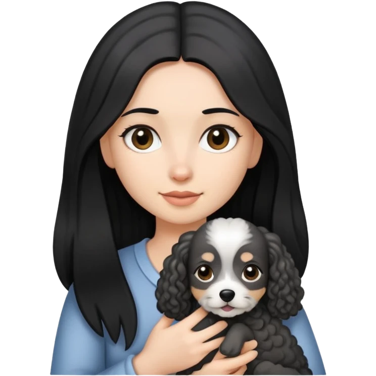A girl with long straight hair holding a small gray curly dog emoji