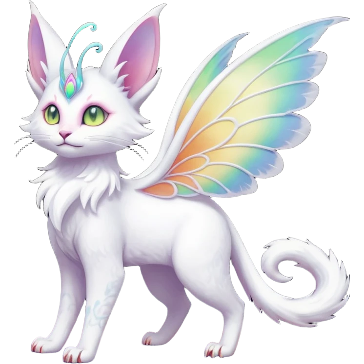 Pure-snow-White albino iridescent with pastel rainbow-gradients-color-markings with swirly patterns butterflies  faerie-Noivern-Noibat-Purloin-Torracat-Lykoi-Caracal-cat-Fakemon-fusion-hybrid-creature emoji