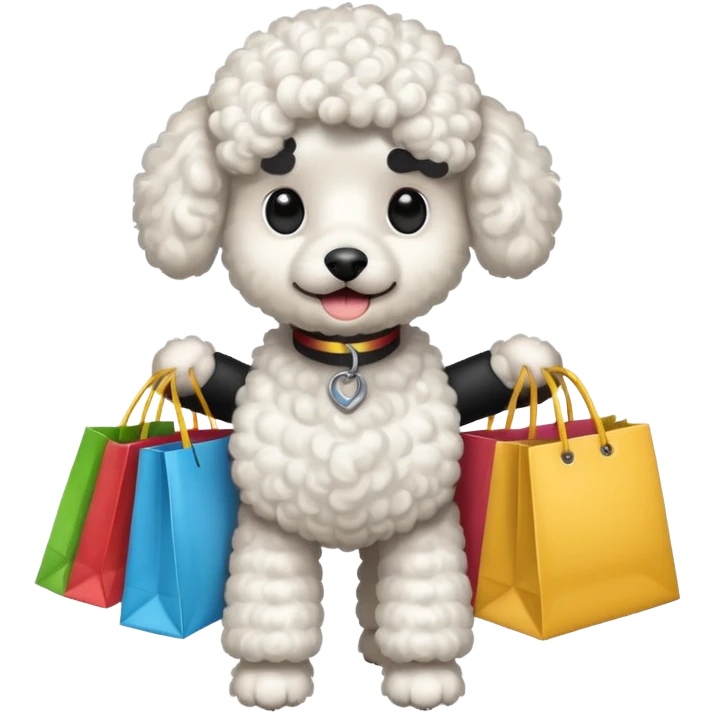 white poodle carrying two shopping bags emoji