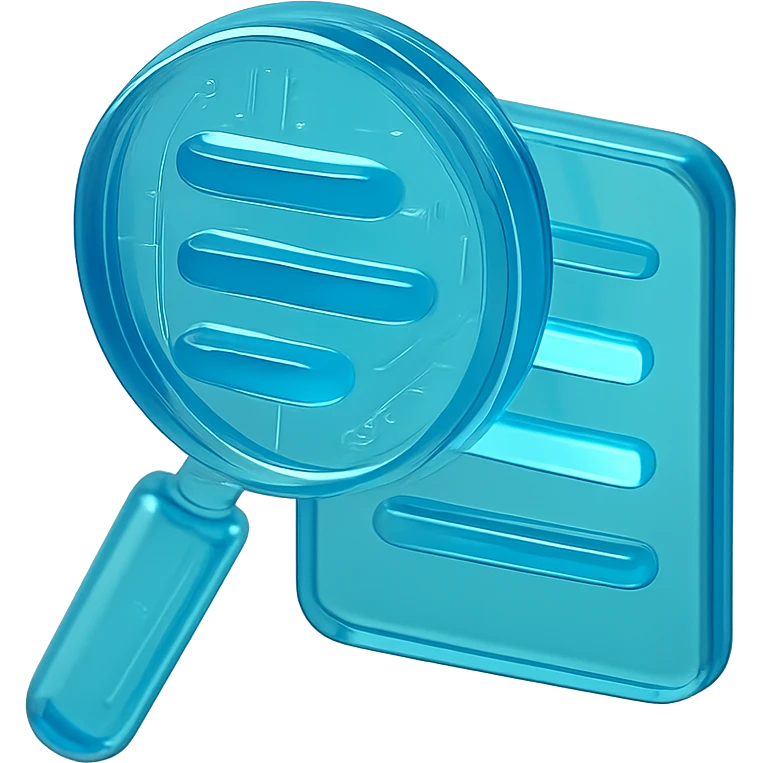 Minimalist icon of a magnifying glass over a list with highlighted words, cyan blue emoji