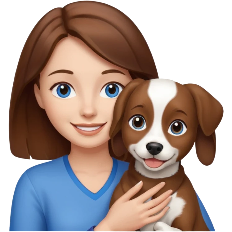 Blue eyes brown haired woman holding a brown and white dog emoji