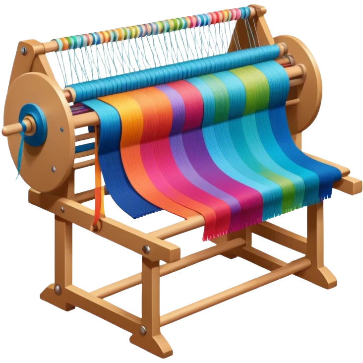 Weaving icon, loom with colorful fabric being woven, visible shuttle, spools of yarn, fabric swatches, sewing patterns, and finished clothes, minimalistic style, clean lines, transparent background. emoji