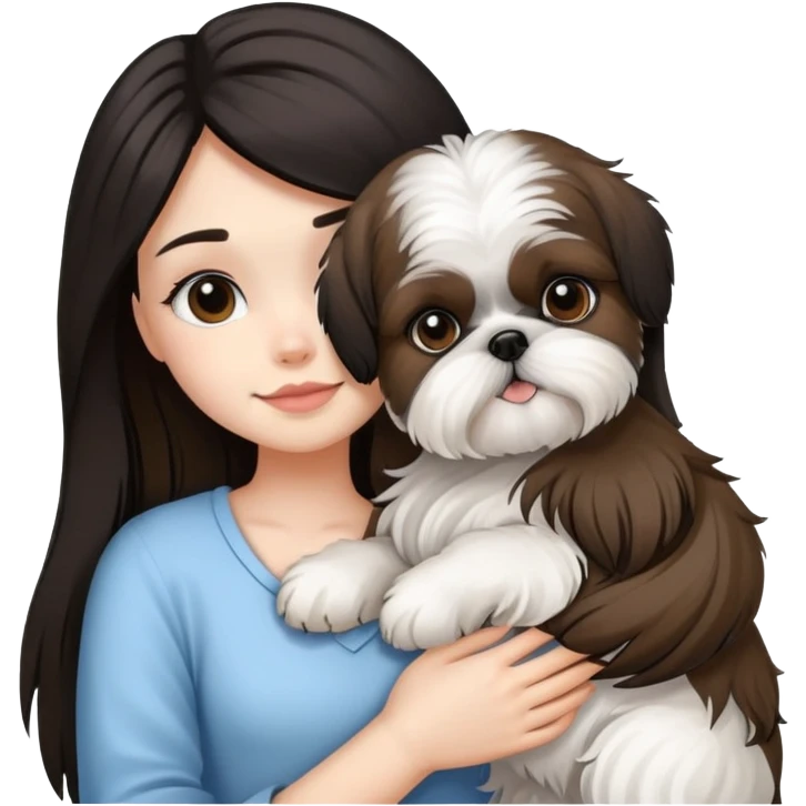 A girl with black highlighted long hair hugging a Shih Tzu dog emoji