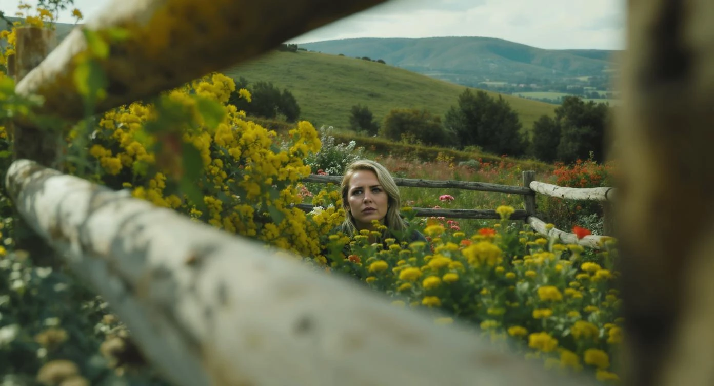 A portrait of a person in the foreground, blurred plants in the foreground (frame within a frame), a wooden fence and colorfull flowers in the midground, rolling hills in the background, cinematic depth of field, layered composition, natural lighting emoji
