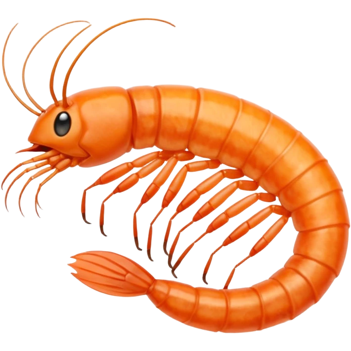 five dried shrimp, curled, visible texture, legs, antennae, dry translucent surface, pale orange to light reddish-brown, sun-dried, no bowl, packaging, or faces, clean 3D, soft lighting, transparent background, emoji scale emoji
