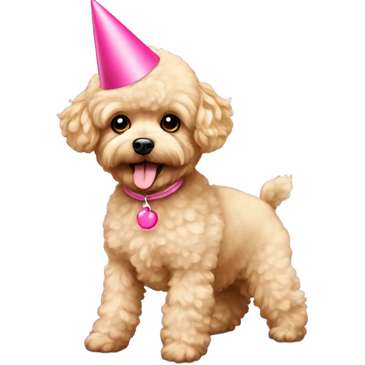 Blonde toypoodle maltipoo with pink birthdayhat emoji