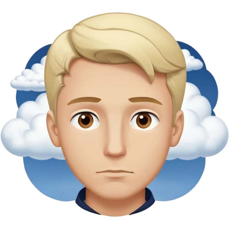 Expressive ,Blond man with brown eyes,contemplative , cartoon style,navy-blue, background has thought clouds elegant  emoji
