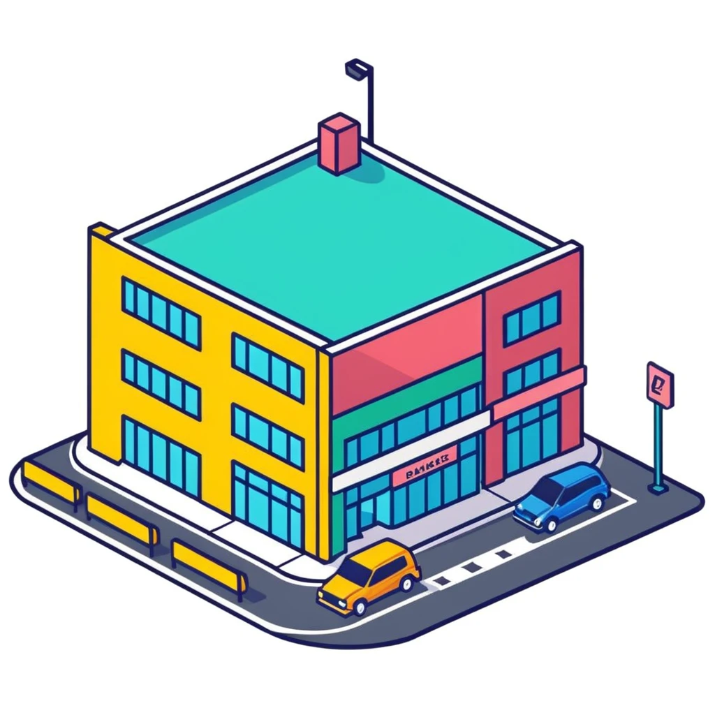 Isometric supermarket building exterior with colorful facade, parked cars, and entrance area emoji