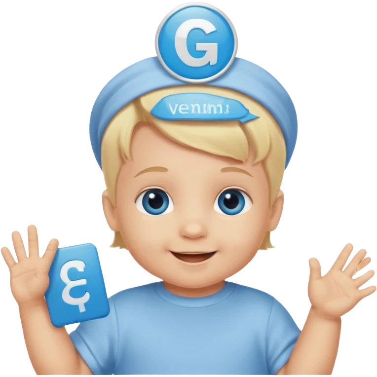A baby Caucasian blond hair blue eyed infant with a genius sign over it’s head emoji