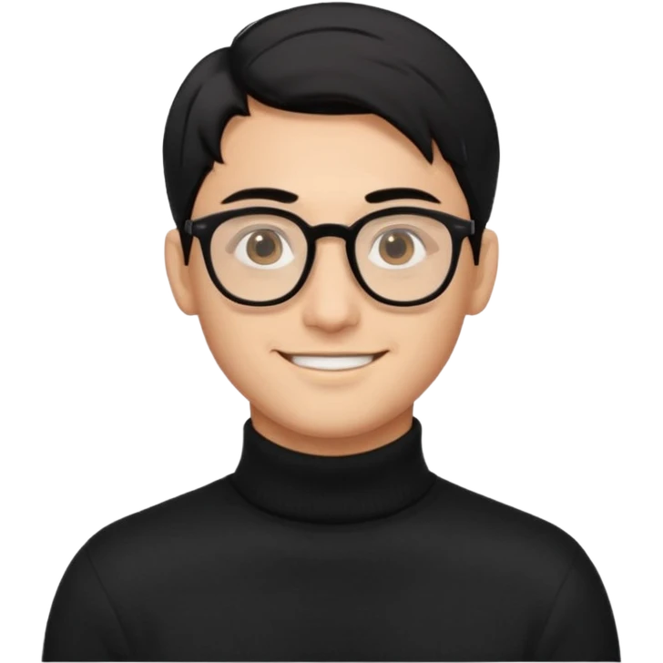 Создай эмодзи, мужчина, 26 лет, стрижка side-part, чёрные волосы, карие глаза, чёрный свитер-гольф, смуглый цвет кожи, очки, улыбается emoji