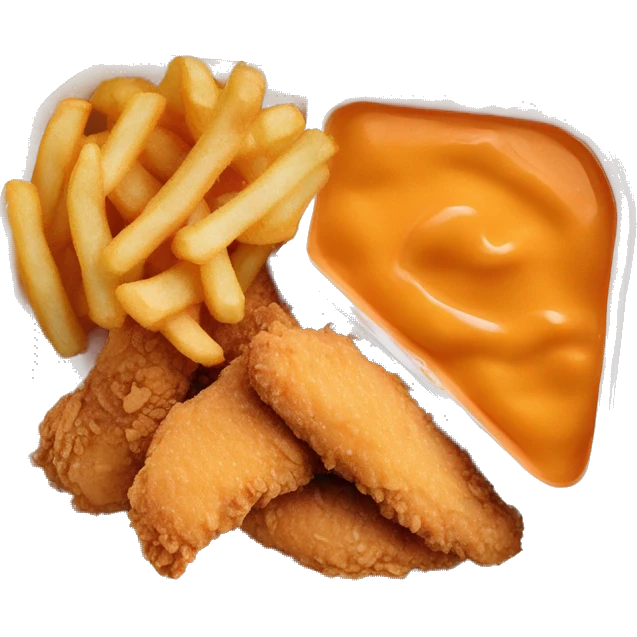3 chicken tenders with crinkle fries and orange sauce on the side in a styrofoam container styrofoam container emoji
