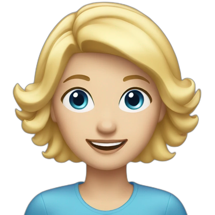 Blonde woman with medium short hair, blue eyes, waving hi to the camera emoji