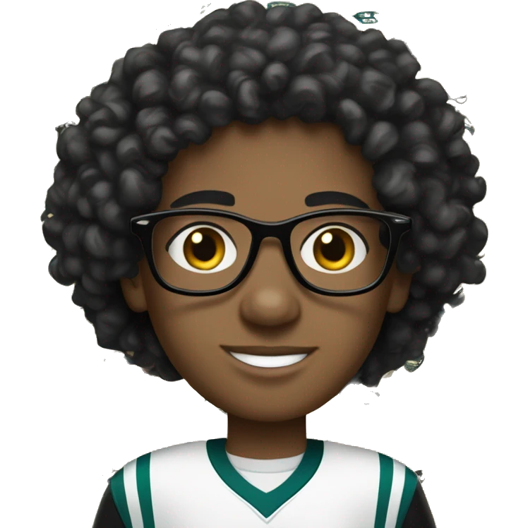 white kid witj black curly hair with white clear glasses  wearing eagles jersey  emoji
