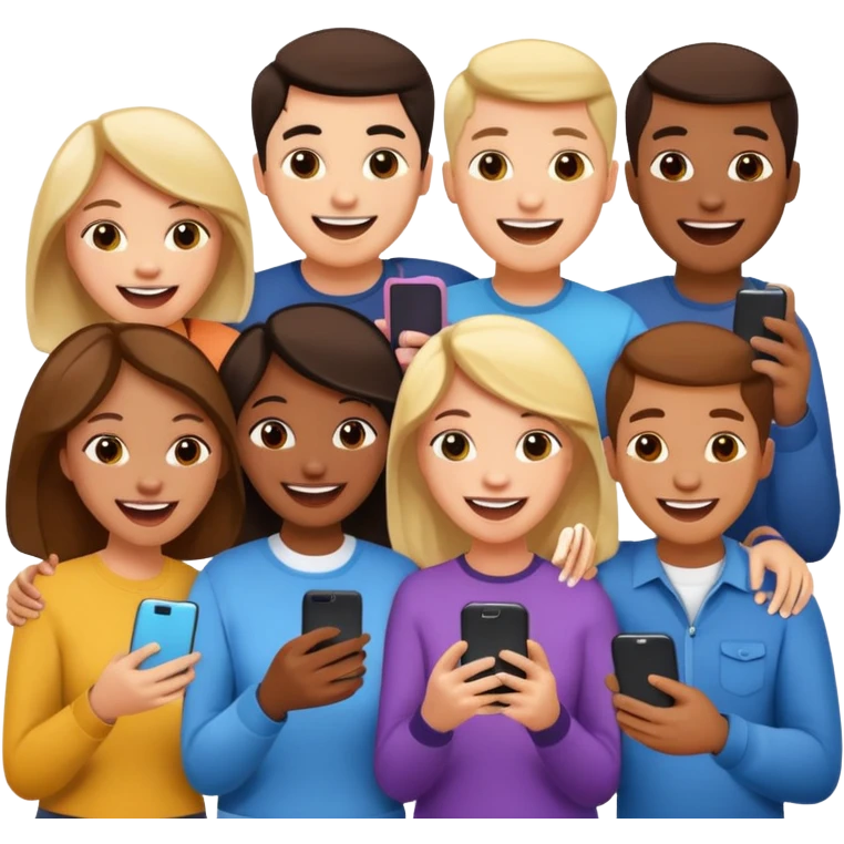 I want to generate a 3d image to show a group of friends playing a mobile trivia game emoji