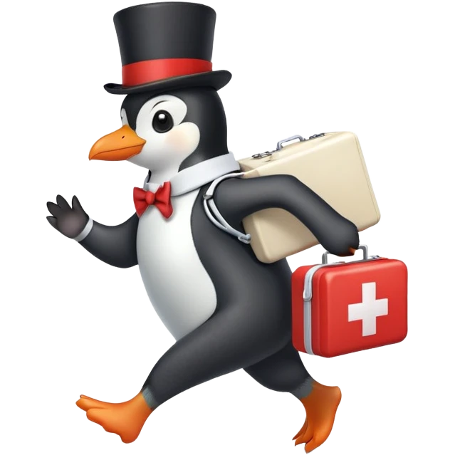 side view of a doctor penguin running with a top hat holding a first aid medical box with a red cross emoji