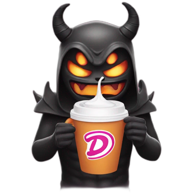 a demon holding a dunkin donuts coffee cup emoji